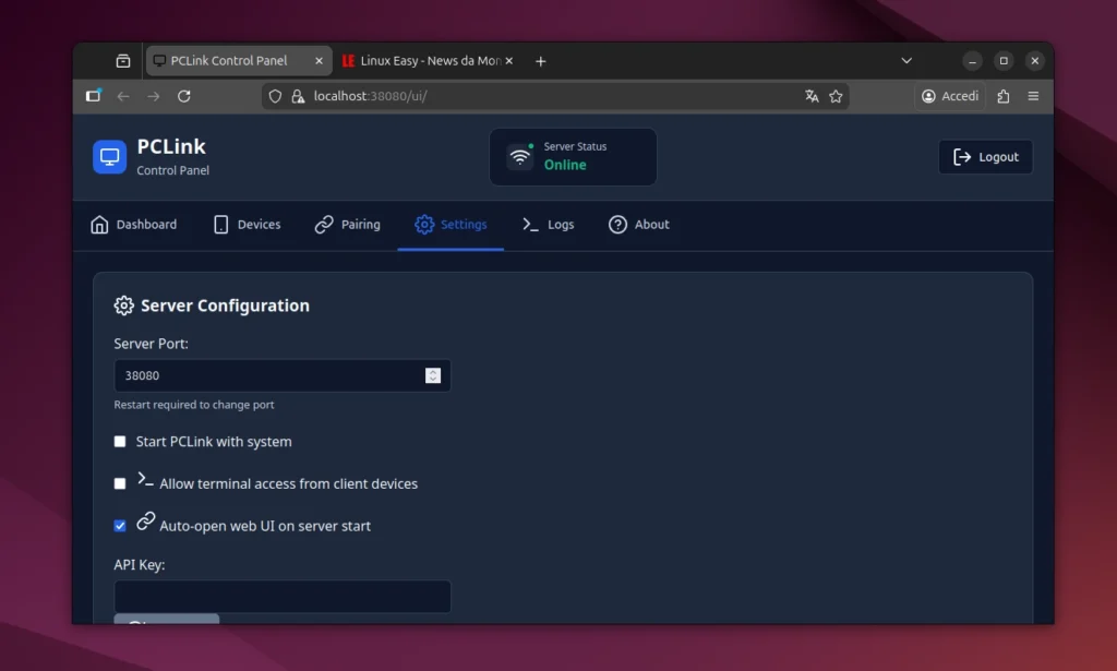 PCLink Server Preferenze