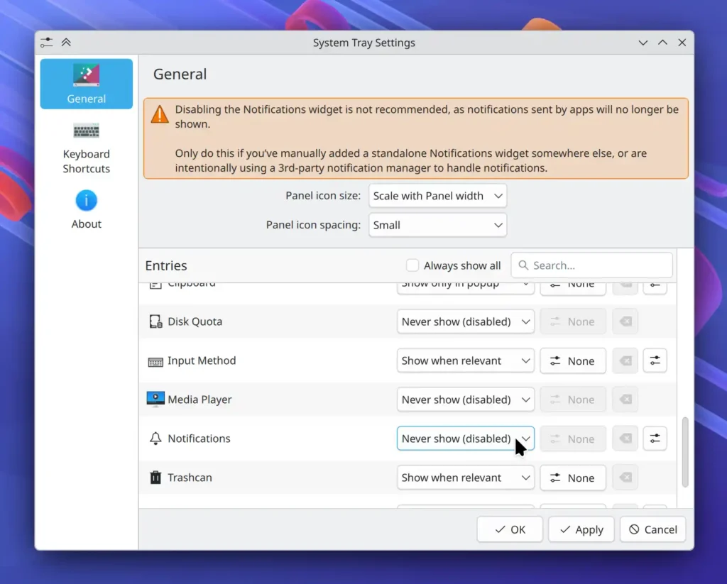 kde system tray notification warning